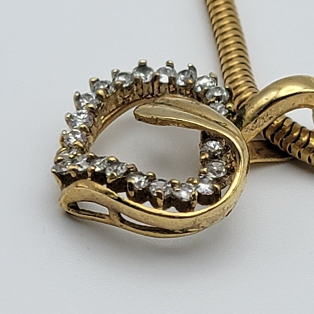 Vtg. Gold Plated CZ Heart Pendant Necklace 18 In Spring Ring Clasp Snake Chain - Picture 5 of 10